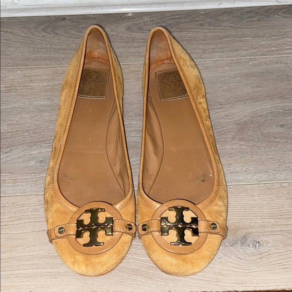 Tory Burch Gold Suede Loafers - Picture 1 of 4